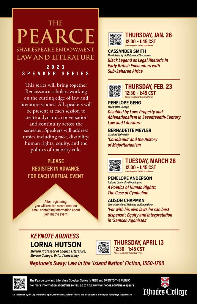 Poster advertising the Pearce Shakespeare Law and Literature series.
